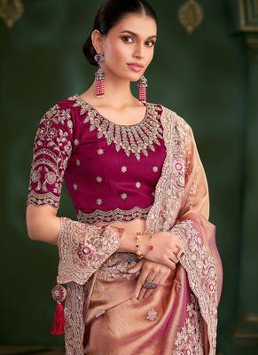 Peach tissue georgette silk saree & velvet silk blouse 5