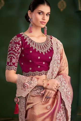 Peach tissue georgette silk saree & velvet silk blouse