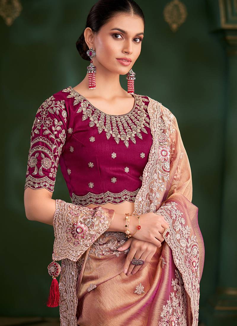 Peach tissue georgette silk saree & velvet silk blouse