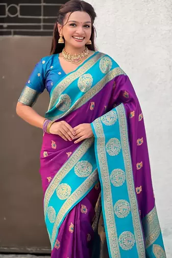 multicolor peacock zari woven soft art silk festive wear saree with unstitched blouse