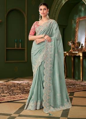 Sky blue pure viscose georgette silk saree & tussar silk blouse 1