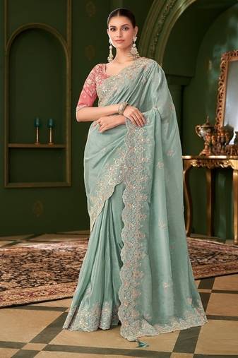 Sky blue pure viscose georgette silk saree & tussar silk blouse