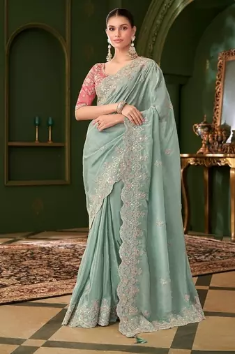 Sky blue pure viscose georgette silk saree & tussar silk blouse