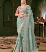 Sky blue pure viscose georgette silk saree & tussar silk blouse