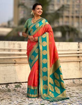 multicolor peacock zari woven soft art silk festive wear saree with unstitched blouse 2