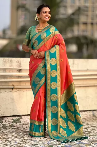 multicolor peacock zari woven soft art silk festive wear saree with unstitched blouse