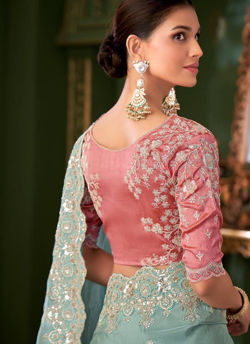 Sky blue pure viscose georgette silk saree & tussar silk blouse