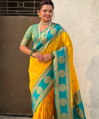 multicolor peacock zari woven soft art silk festive wear saree with unstitched blouse 3