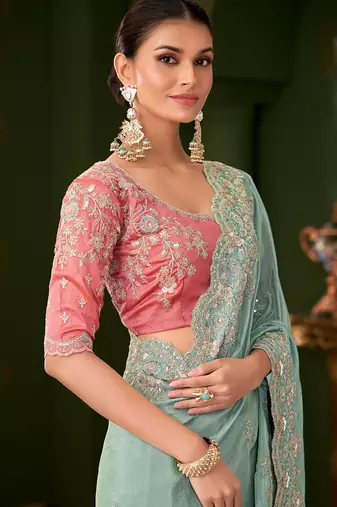 Sky blue pure viscose georgette silk saree & tussar silk blouse