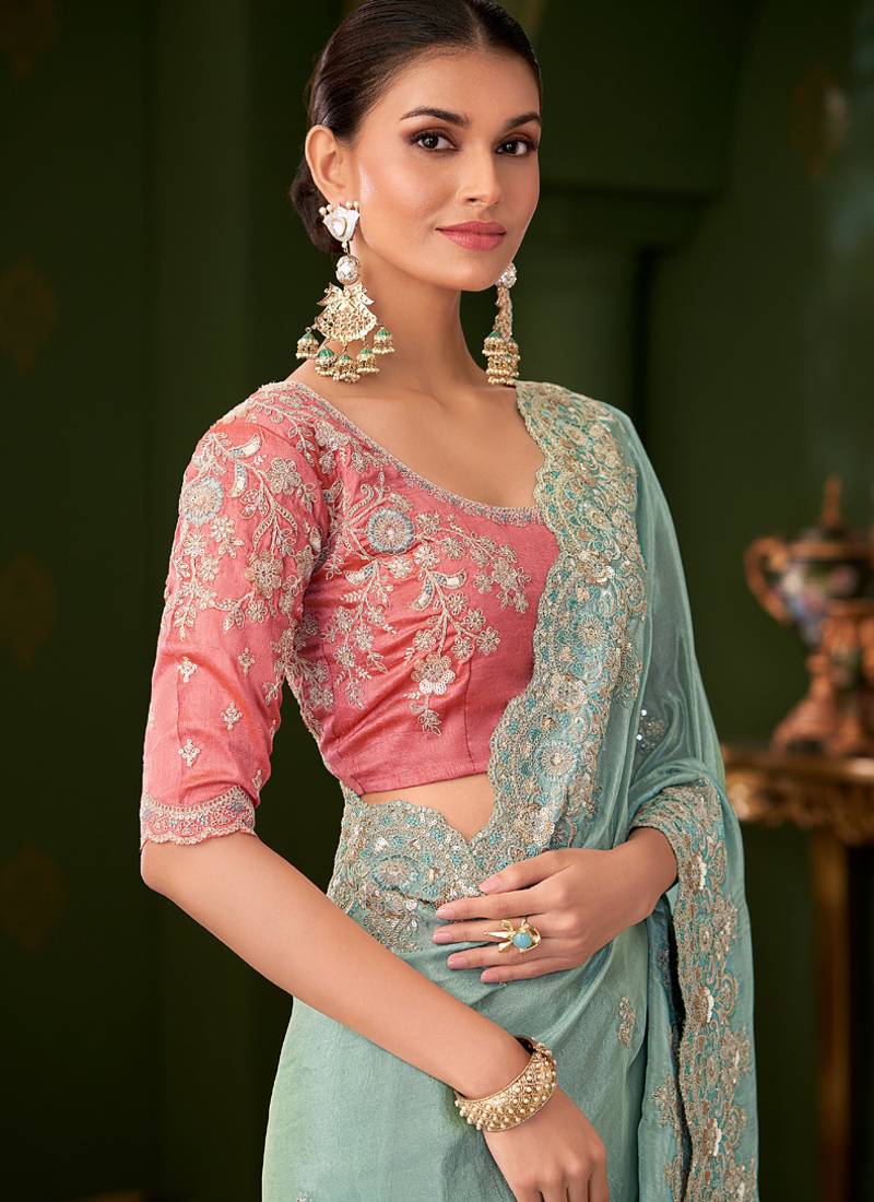 Sky blue pure viscose georgette silk saree & tussar silk blouse