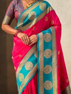 multicolor peacock zari woven soft art silk festive wear saree with unstitched blouse 5