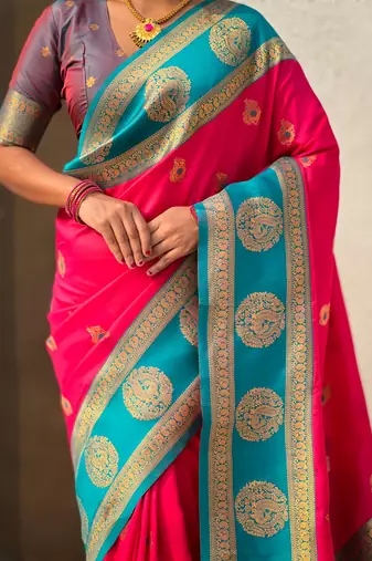 multicolor peacock zari woven soft art silk festive wear saree with unstitched blouse