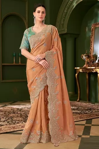 Saffron pure viscose georgette silk saree & tussar silk blouse