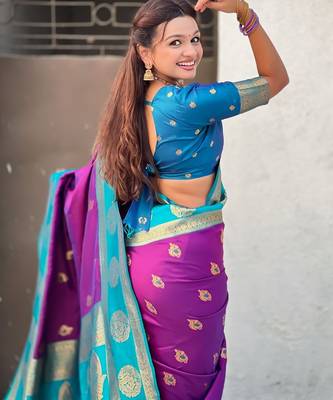 multicolor peacock zari woven soft art silk festive wear saree with unstitched blouse 4