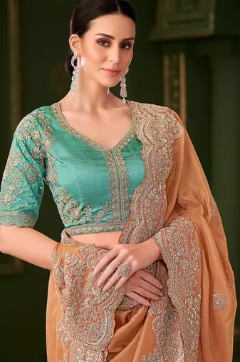 Saffron pure viscose georgette silk saree & tussar silk blouse