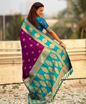 multicolor peacock zari woven soft art silk festive wear saree with unstitched blouse 5