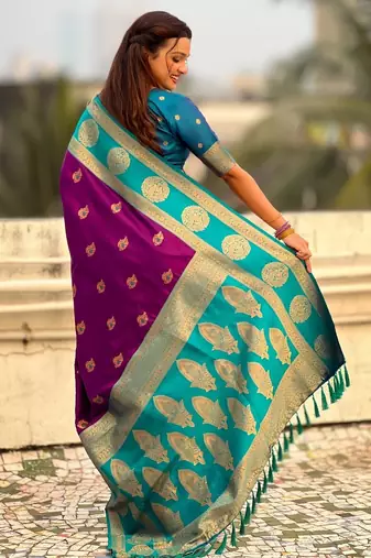 multicolor peacock zari woven soft art silk festive wear saree with unstitched blouse