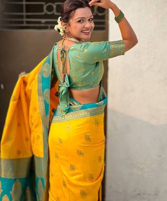 multicolor peacock zari woven soft art silk festive wear saree with unstitched blouse 4