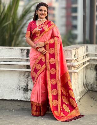 multicolor peacock zari woven soft art silk festive wear saree with unstitched blouse 1