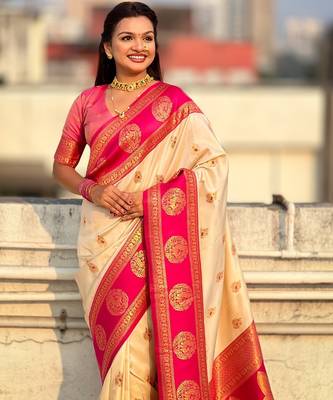 multicolor peacock zari woven soft art silk festive wear saree with unstitched blouse 3