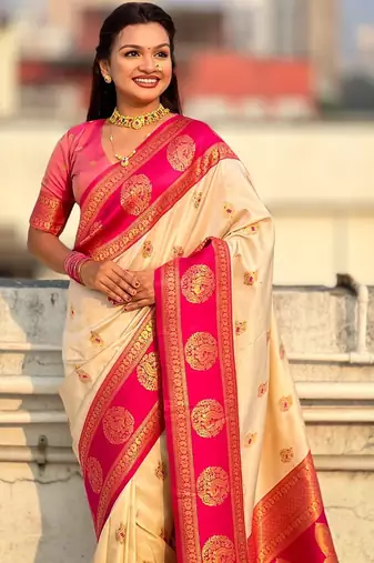 multicolor peacock zari woven soft art silk festive wear saree with unstitched blouse