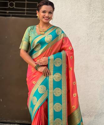 multicolor peacock zari woven soft art silk festive wear saree with unstitched blouse 3