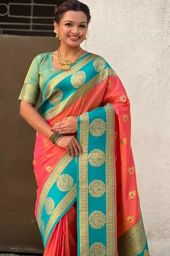 multicolor peacock zari woven soft art silk festive wear saree with unstitched blouse