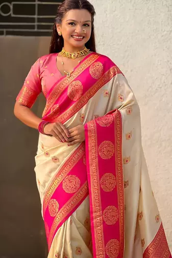 multicolor peacock zari woven soft art silk festive wear saree with unstitched blouse