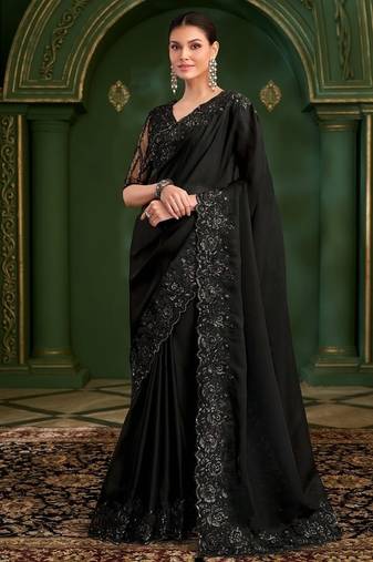 Black sartin georgette saree & sartin work blouse