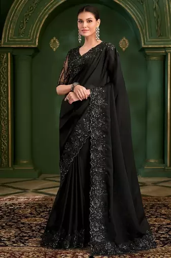 Black sartin georgette saree & sartin work blouse