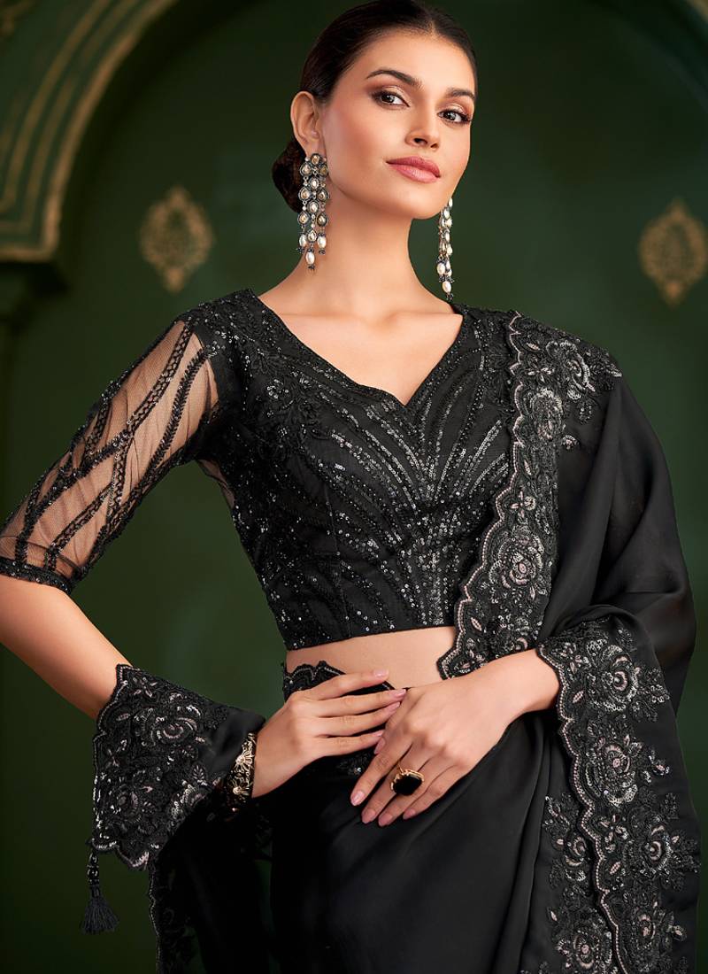 Black sartin georgette saree & sartin work blouse