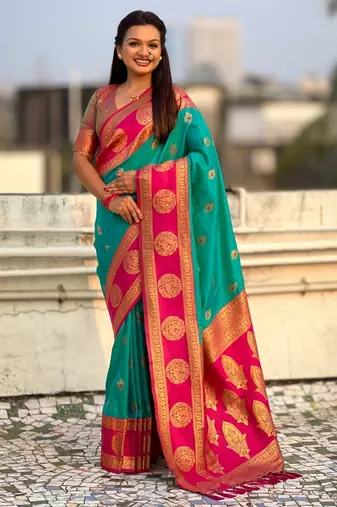 multicolor peacock zari woven soft art silk festive wear saree with unstitched blouse