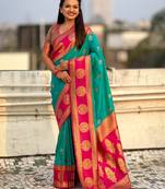 multicolor peacock zari woven soft art silk festive wear saree with unstitched blouse