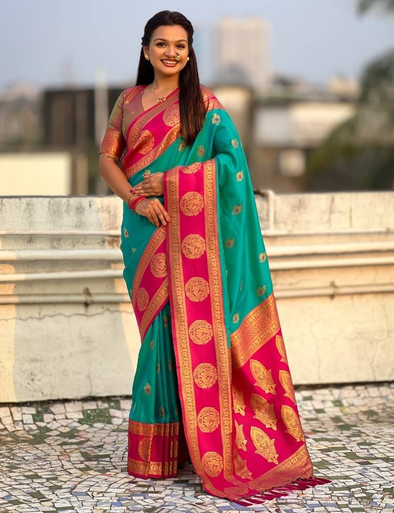 multicolor peacock zari woven soft art silk festive wear saree with unstitched blouse