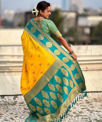 multicolor peacock zari woven soft art silk festive wear saree with unstitched blouse 5