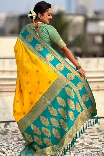 multicolor peacock zari woven soft art silk festive wear saree with unstitched blouse