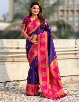 multicolor peacock zari woven soft art silk festive wear saree with unstitched blouse 1