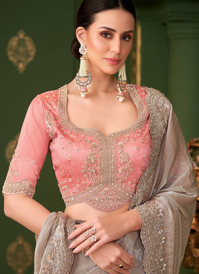 Chikoo sartin georgette silk saree & tussar silk blouse