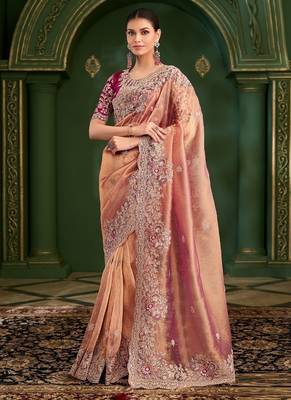 Peach colour orange georgette saree & tussar silk blouse 1