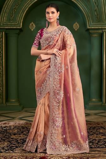Peach colour orange georgette saree & tussar silk blouse
