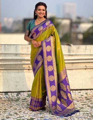 multicolor peacock zari woven soft art silk festive wear saree with unstitched blouse 1