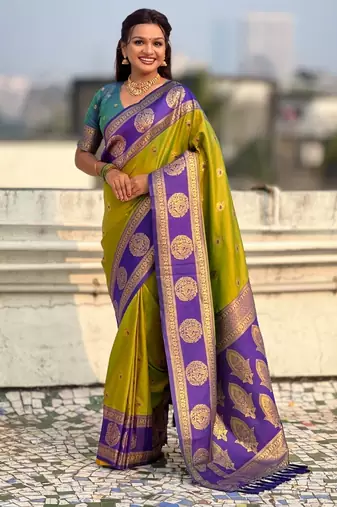 multicolor peacock zari woven soft art silk festive wear saree with unstitched blouse