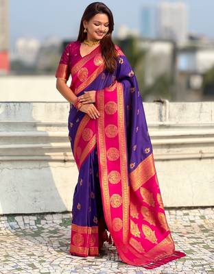 multicolor peacock zari woven soft art silk festive wear saree with unstitched blouse 2