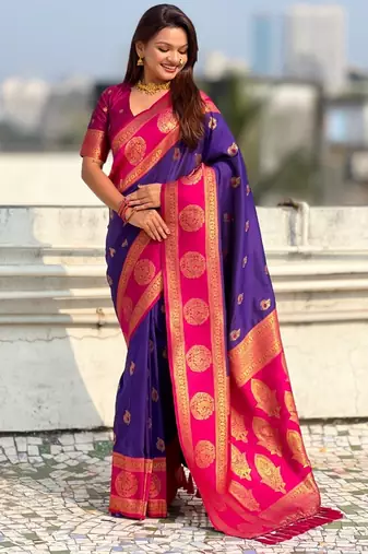 multicolor peacock zari woven soft art silk festive wear saree with unstitched blouse