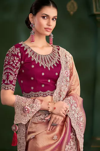 Peach colour orange georgette saree & tussar silk blouse