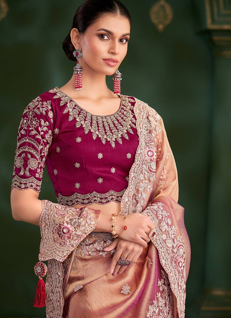 Peach colour orange georgette saree & tussar silk blouse