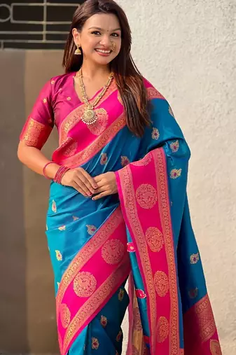 multicolor peacock zari woven soft art silk festive wear saree with unstitched blouse
