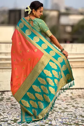 multicolor peacock zari woven soft art silk festive wear saree with unstitched blouse