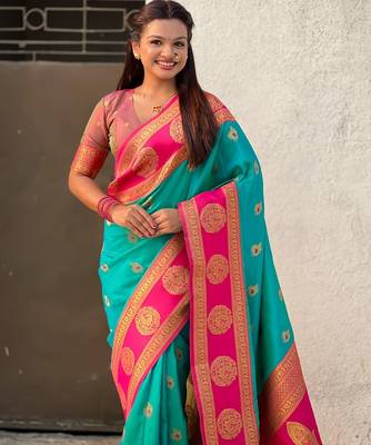 multicolor peacock zari woven soft art silk festive wear saree with unstitched blouse 3