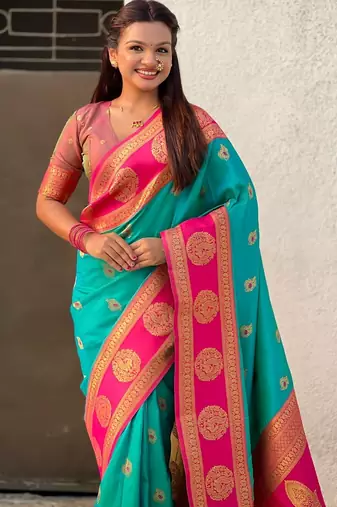 multicolor peacock zari woven soft art silk festive wear saree with unstitched blouse
